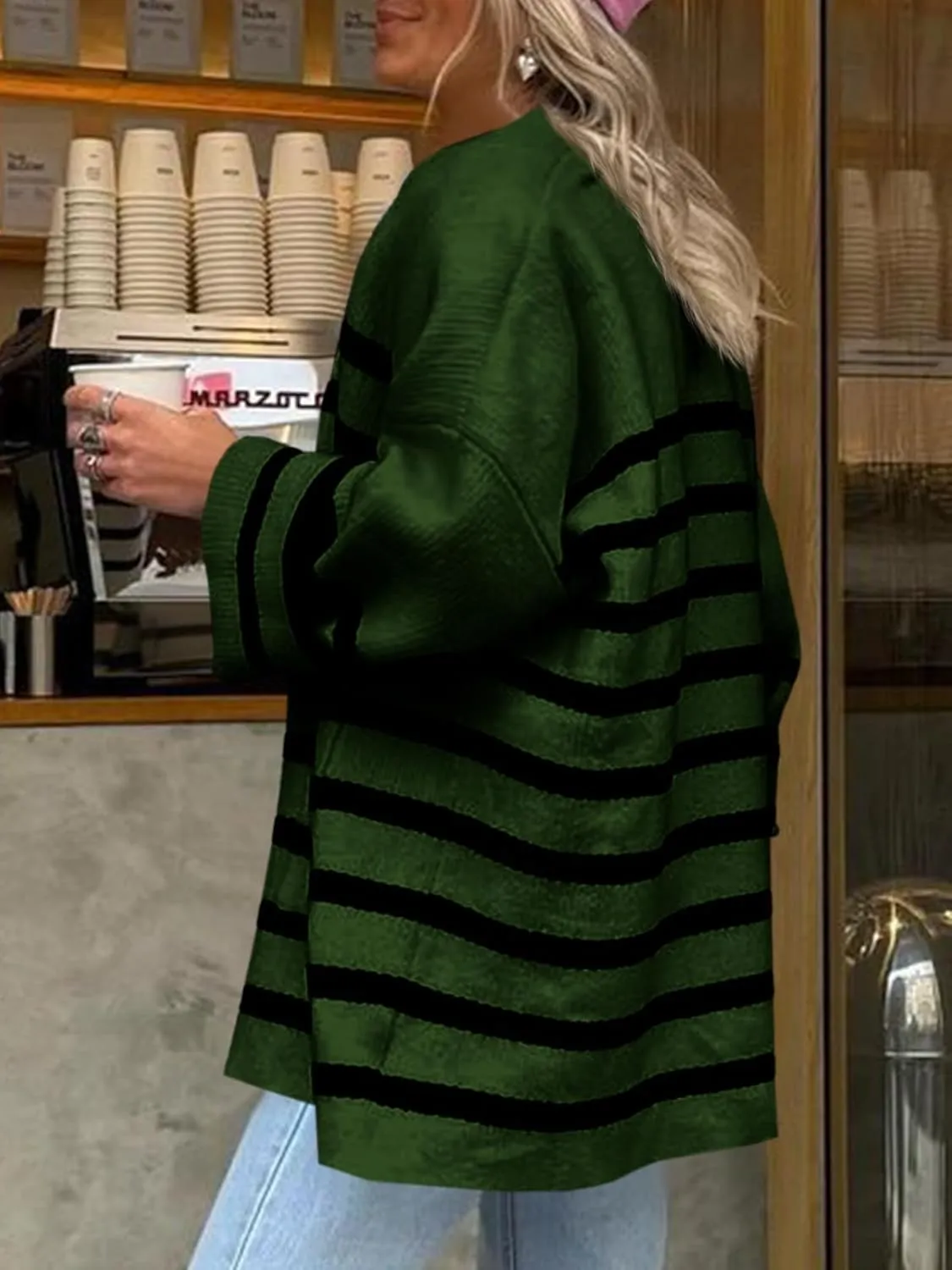 Saodimallsu Womens Oversized Striped Cardigans Open Front Chunky Knit Casual Loose Fit Long Sleeve Sweater Coats