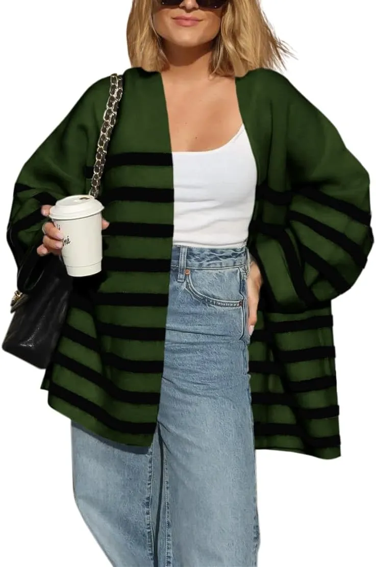 Saodimallsu Womens Oversized Striped Cardigans Open Front Chunky Knit Casual Loose Fit Long Sleeve Sweater Coats