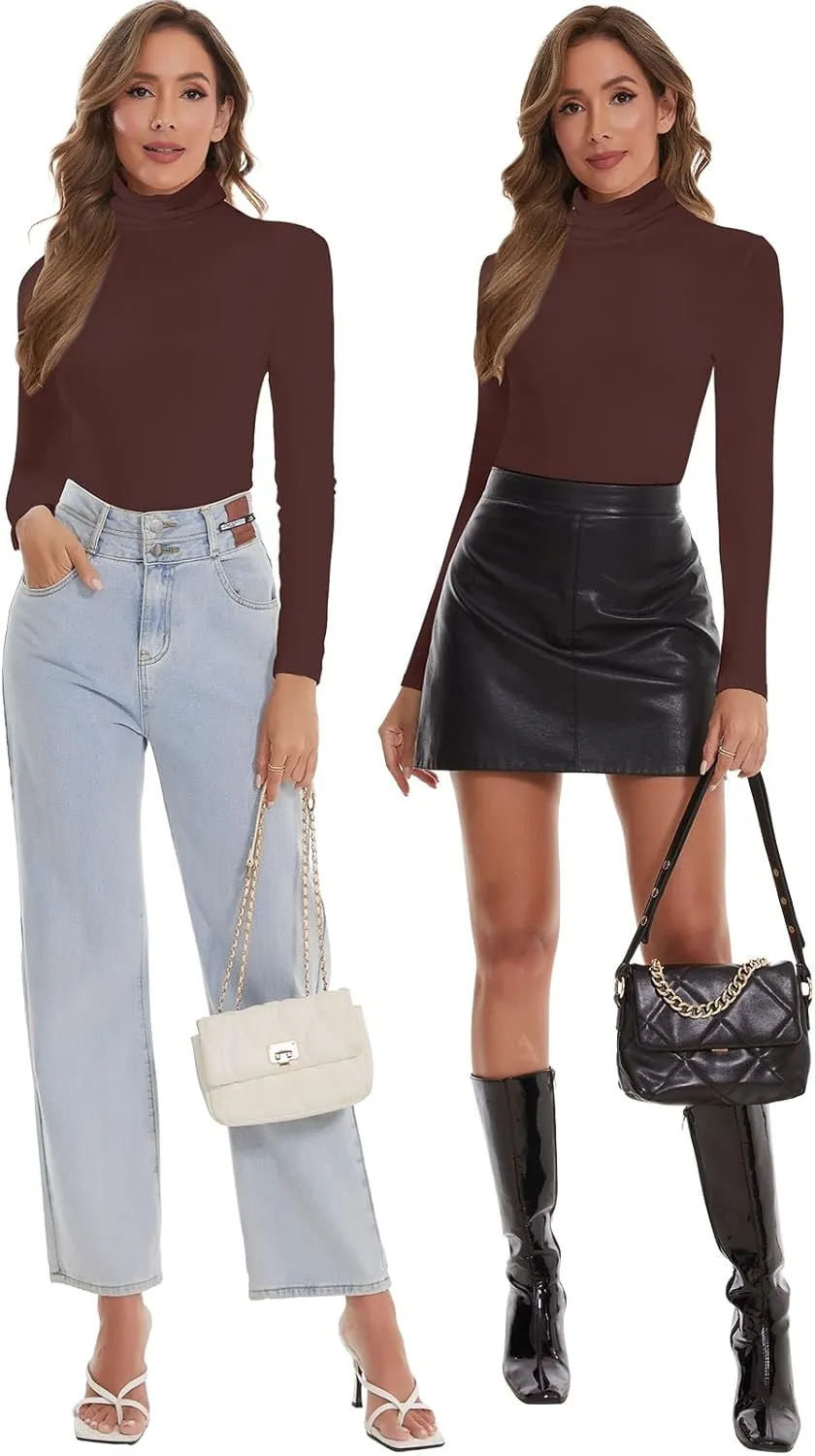 SHAPERIN Women's Turtleneck Long Sleeve Shirt Mock Turtle Neck Fitted Slim Fits T Shirt Basic Tight Tops Tee