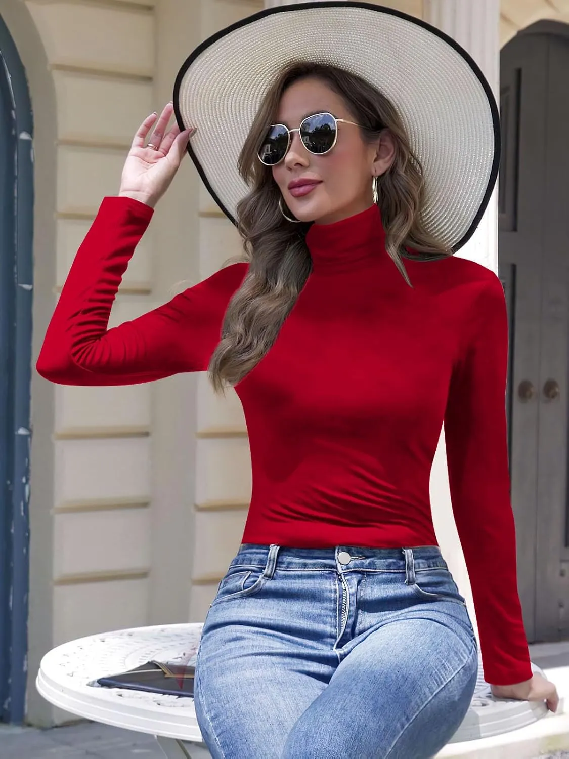 SHAPERIN Women's Turtleneck Long Sleeve Shirt Mock Turtle Neck Fitted Slim Fits T Shirt Basic Tight Tops Tee