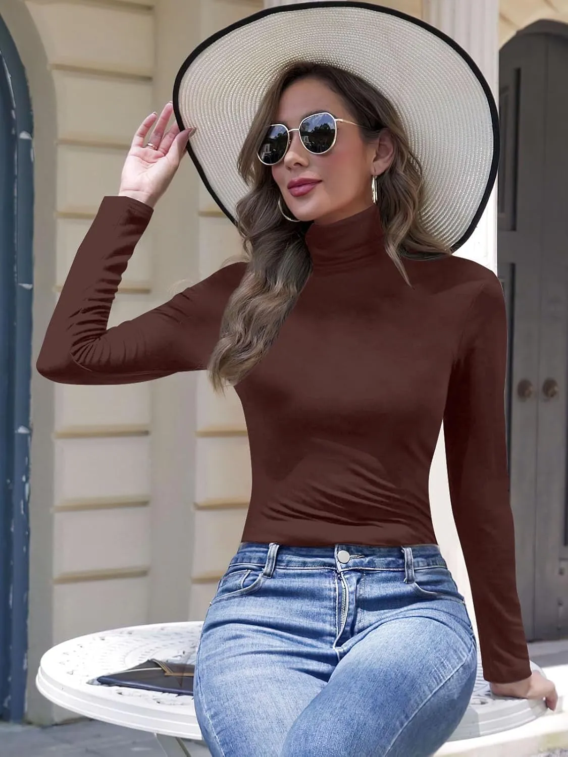 SHAPERIN Women's Turtleneck Long Sleeve Shirt Mock Turtle Neck Fitted Slim Fits T Shirt Basic Tight Tops Tee