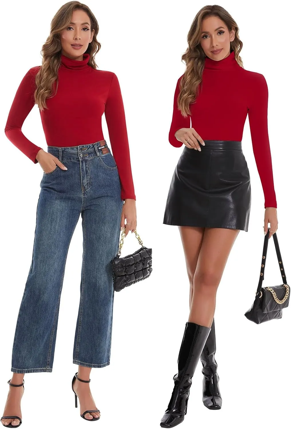 SHAPERIN Women's Turtleneck Long Sleeve Shirt Mock Turtle Neck Fitted Slim Fits T Shirt Basic Tight Tops Tee