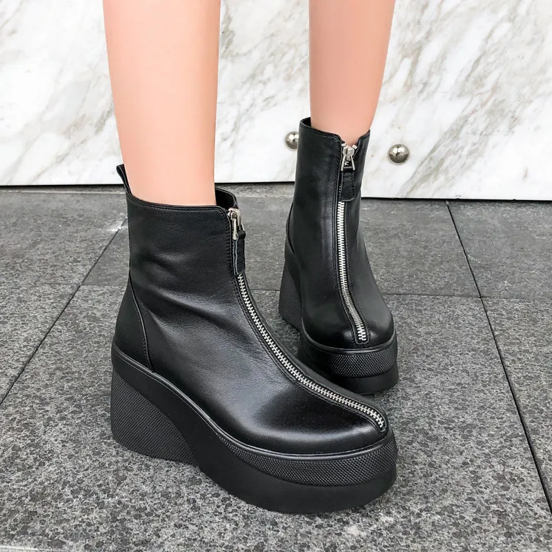 Short Boots Leather All-match Wedge Heel | Brodtica.com