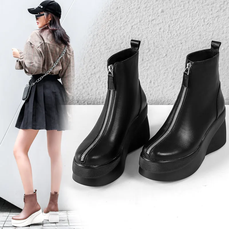 Short Boots Leather All-match Wedge Heel | Brodtica.com