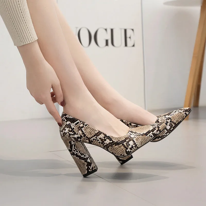 Snake Print Thick High Heel Pointed Toe Women's Shoes | Brodtica.com