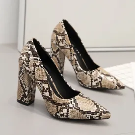 Snake Print Thick High Heel Pointed Toe Women's Shoes | Brodtica.com