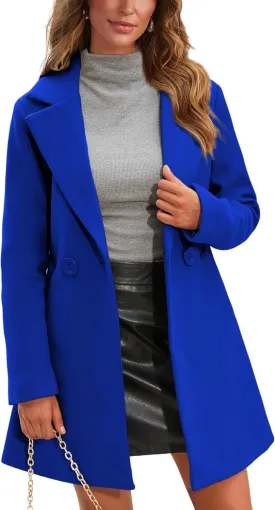 Springrain Women's Wool Pea Coat Notched Collar Double Breasted Midi Long Trench Coat Outwear