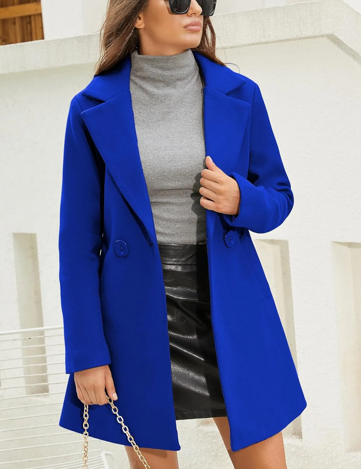Springrain Women's Wool Pea Coat Notched Collar Double Breasted Midi Long Trench Coat Outwear