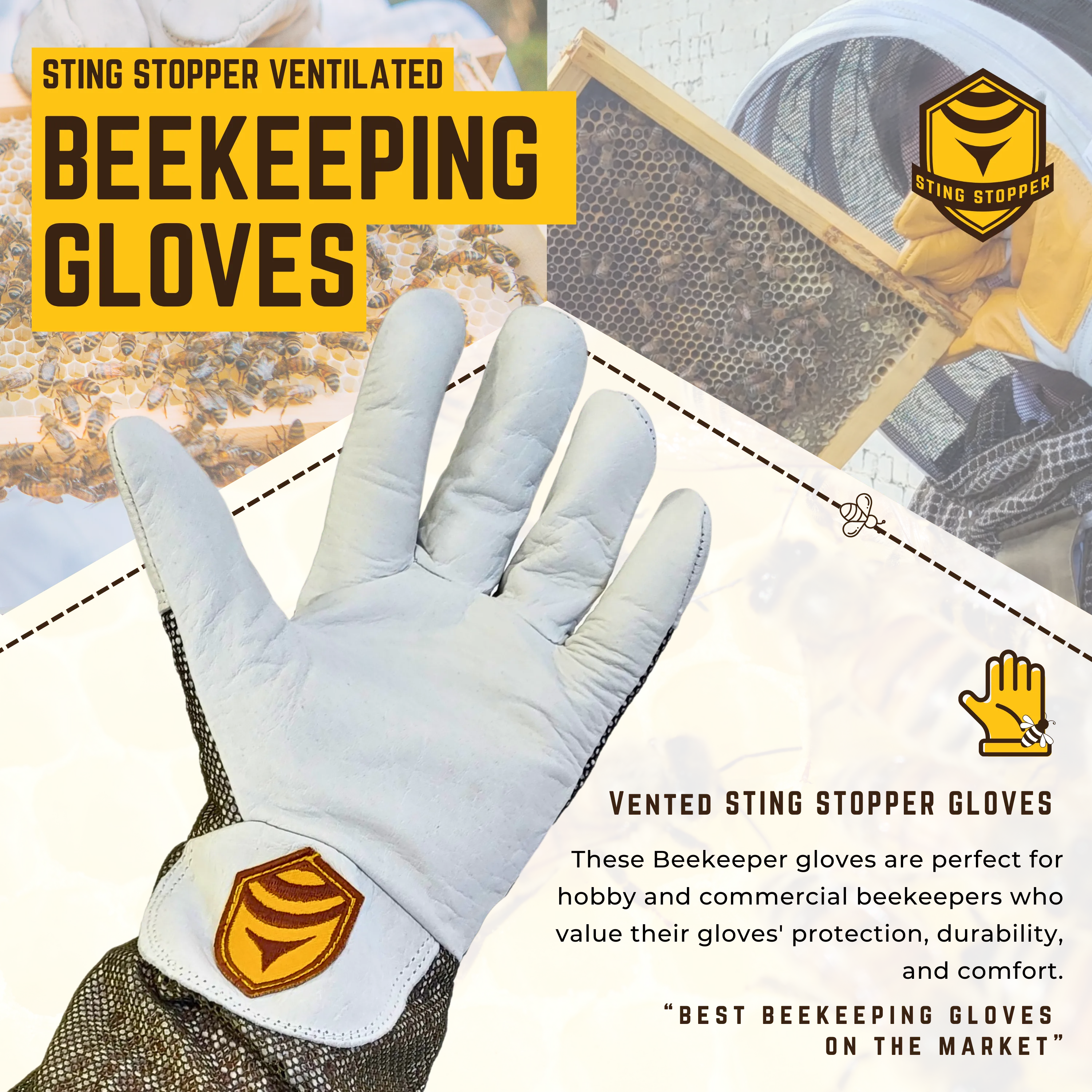 Sting Stopper Ventilated Goat Skin Beekeeping Gloves - Olive Green
