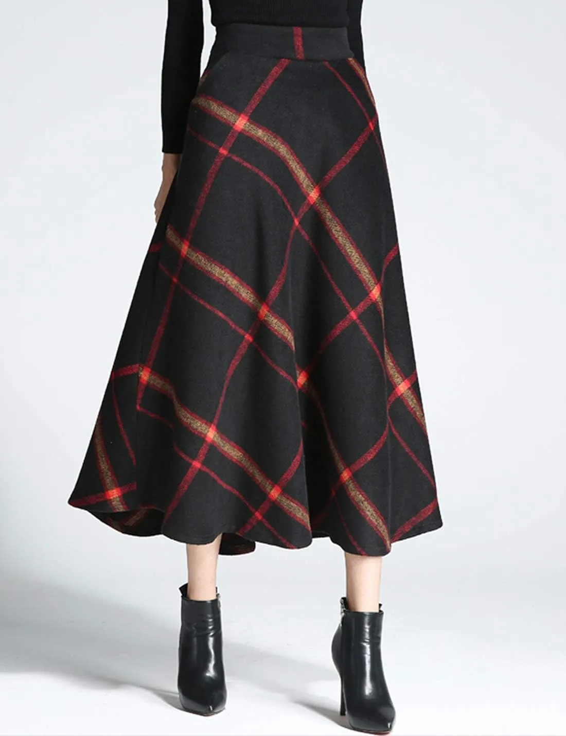 Tanming Women's Winter Warm Elastic Waist Wool Plaid A-Line Pleated Long Skirt
