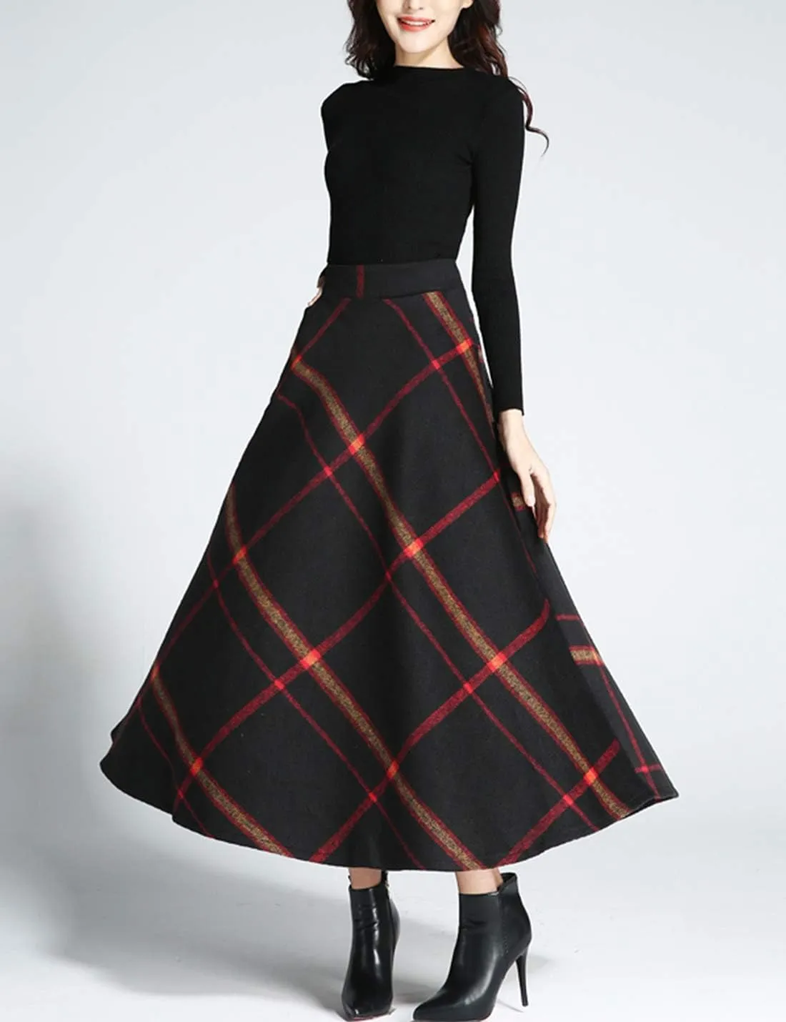 Tanming Women's Winter Warm Elastic Waist Wool Plaid A-Line Pleated Long Skirt