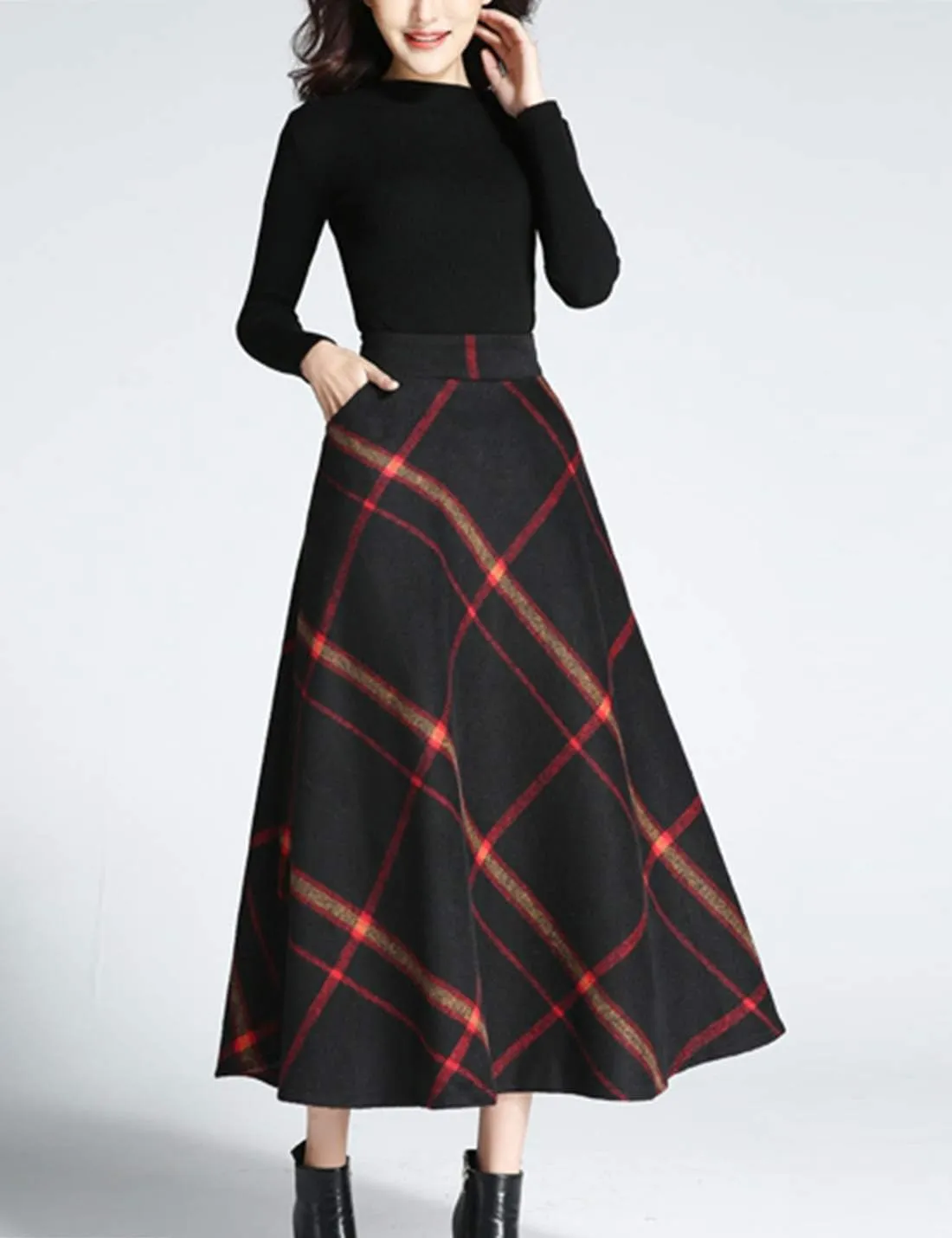 Tanming Women's Winter Warm Elastic Waist Wool Plaid A-Line Pleated Long Skirt