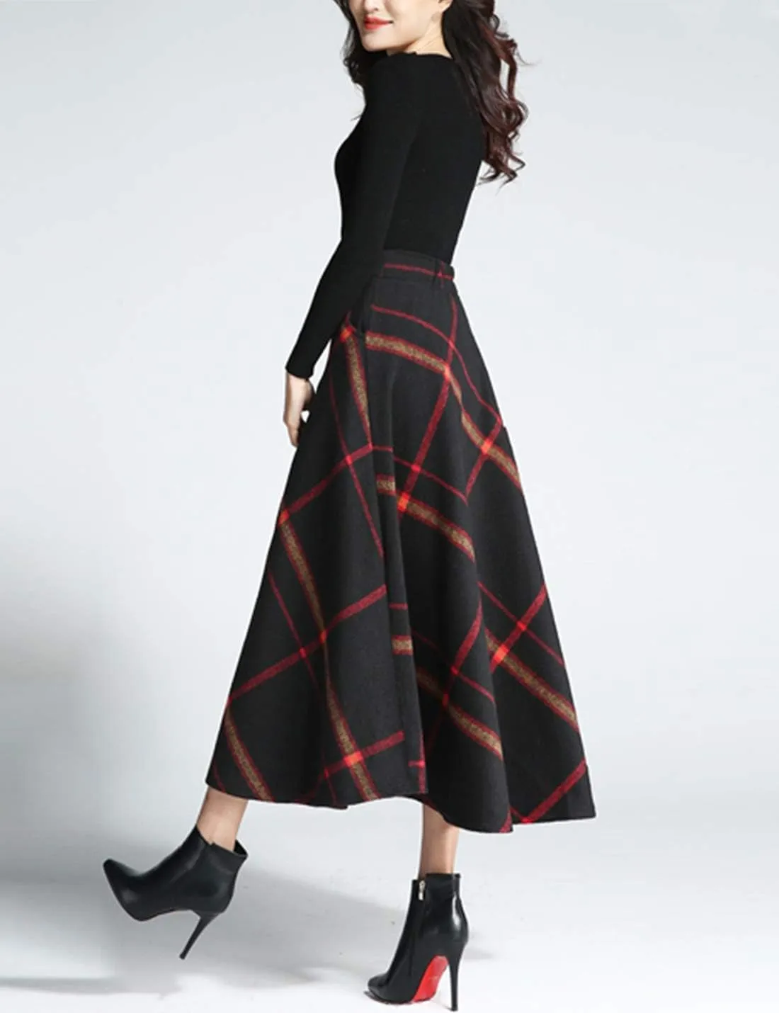 Tanming Women's Winter Warm Elastic Waist Wool Plaid A-Line Pleated Long Skirt