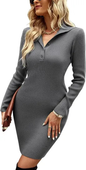 VintageClothing 2023 Women V Neck Long Sleeve Bodycon Sweater Dress Button Up Ribbed Knit Short Dresses