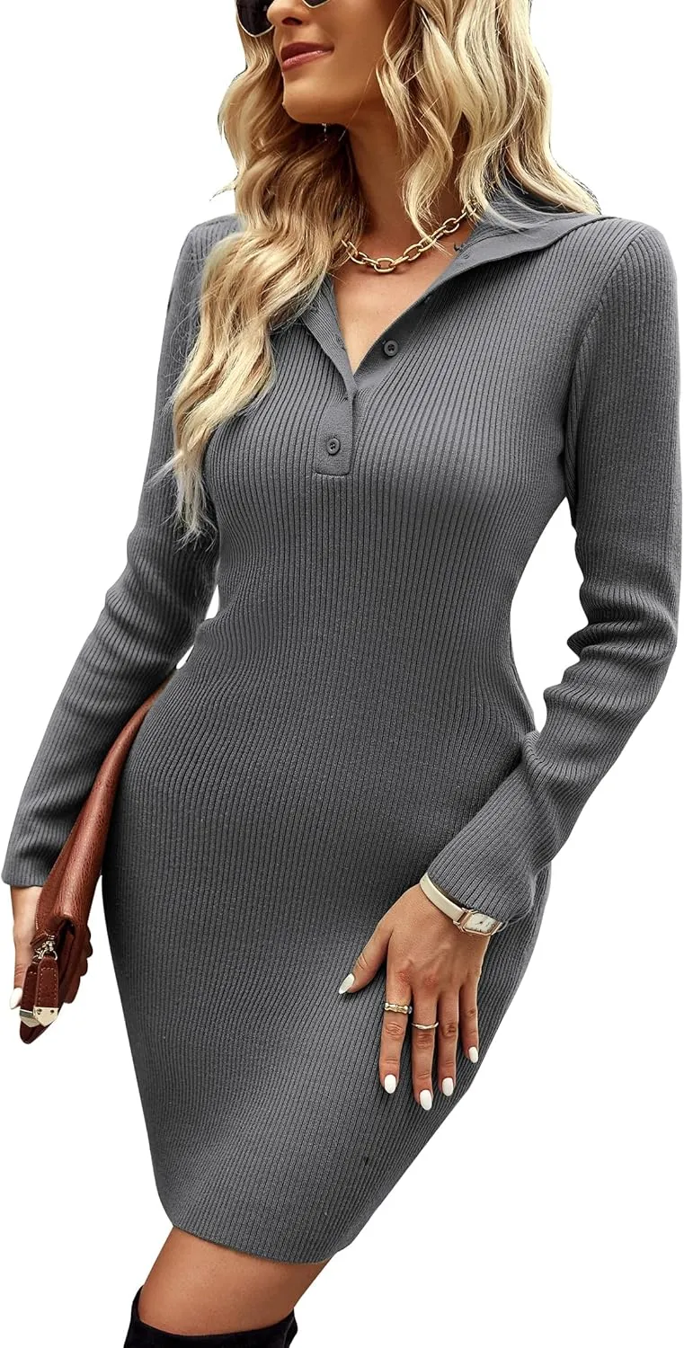 VintageClothing 2023 Women V Neck Long Sleeve Bodycon Sweater Dress Button Up Ribbed Knit Short Dresses