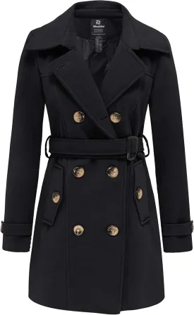 wantdo Women's Double Breasted Pea Coat Winter Mid-Long Trench Coat with Belt