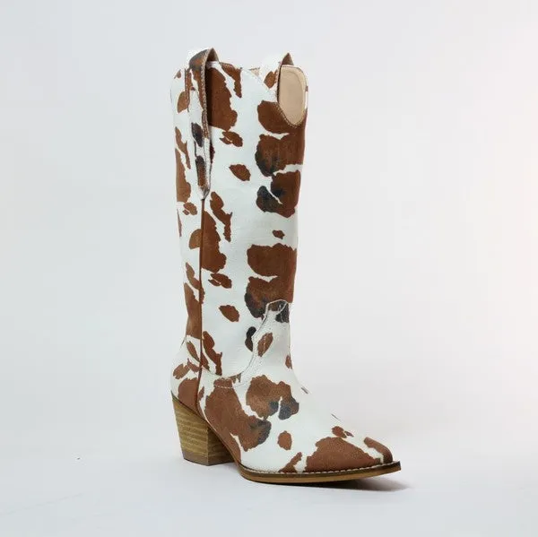 White Brown Cow Suede Arider Girl Block Western Cowboy Knee High Boots