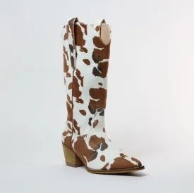 White Brown Cow Suede Arider Girl Block Western Cowboy Knee High Boots