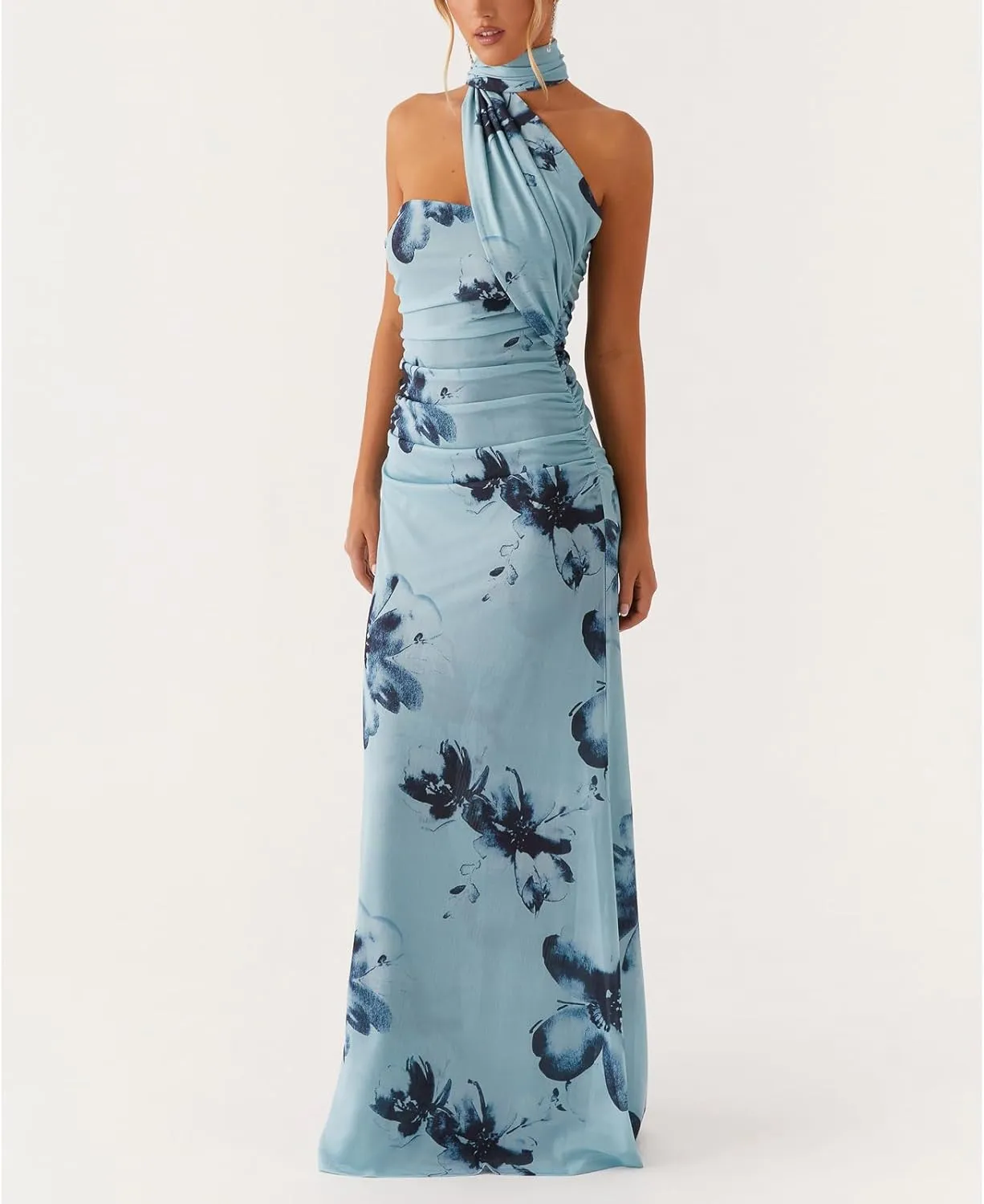 Women Floral Tube Strapless Maxi Bodycon Dress with Scarf Y2k 2025 Summer Backless Mesh Long Club Party Dresses