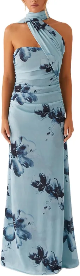 Women Floral Tube Strapless Maxi Bodycon Dress with Scarf Y2k 2025 Summer Backless Mesh Long Club Party Dresses