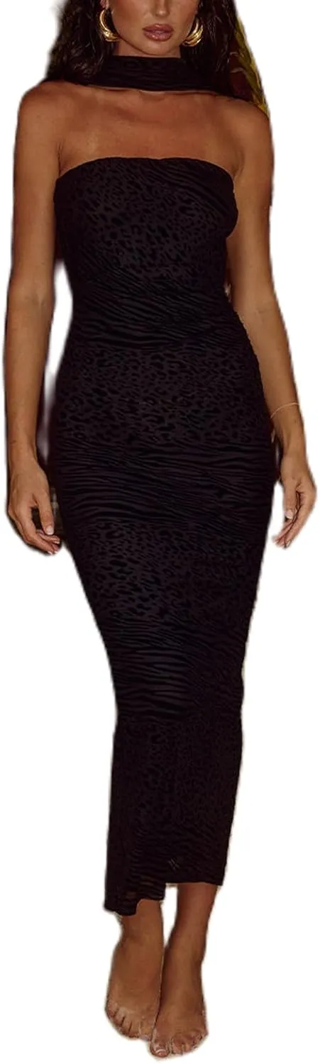 Women Floral Tube Strapless Maxi Bodycon Dress with Scarf Y2k 2025 Summer Backless Mesh Long Club Party Dresses