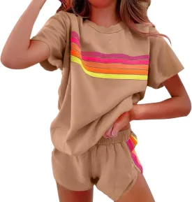 Womens 2 Piece Short Sets Casual Rainbow Striped Crewneck Short Sleeve Tops Elastic Shorts Outfits Lounge Tracksuits