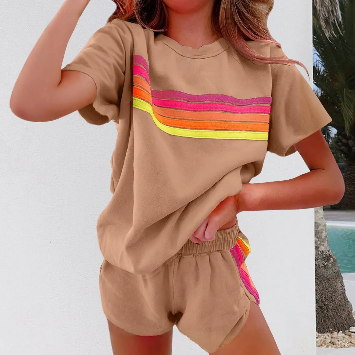 Womens 2 Piece Short Sets Casual Rainbow Striped Crewneck Short Sleeve Tops Elastic Shorts Outfits Lounge Tracksuits
