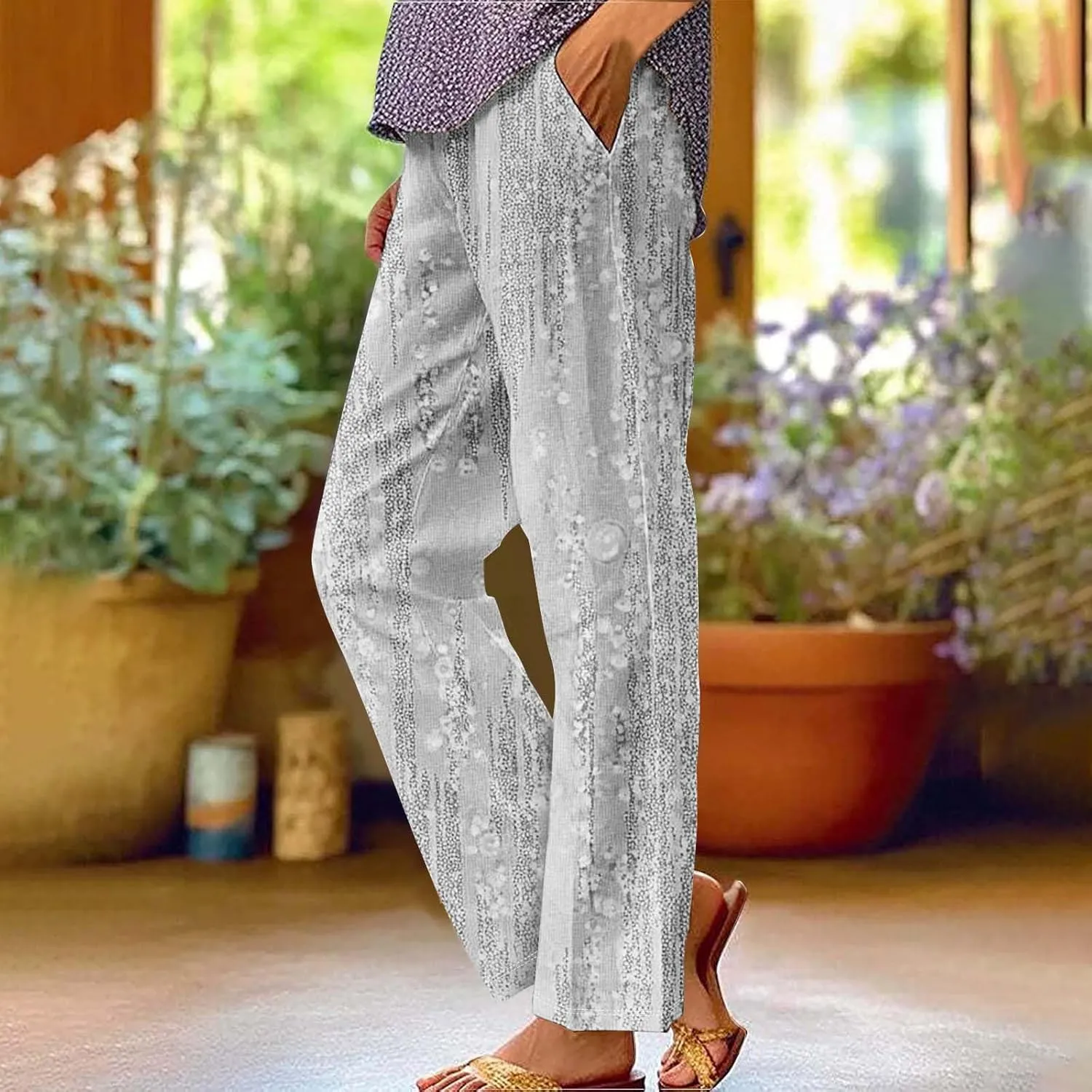 Womens Casual Pants Lightweight Summer Relax Fit Fashion Floral Print Elastic Waist Plus Size Lounge Long Trousers