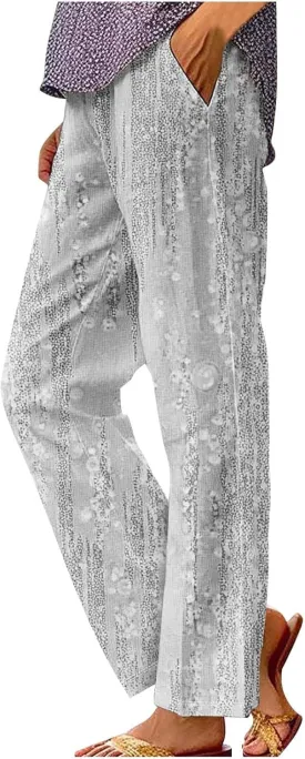 Womens Casual Pants Lightweight Summer Relax Fit Fashion Floral Print Elastic Waist Plus Size Lounge Long Trousers