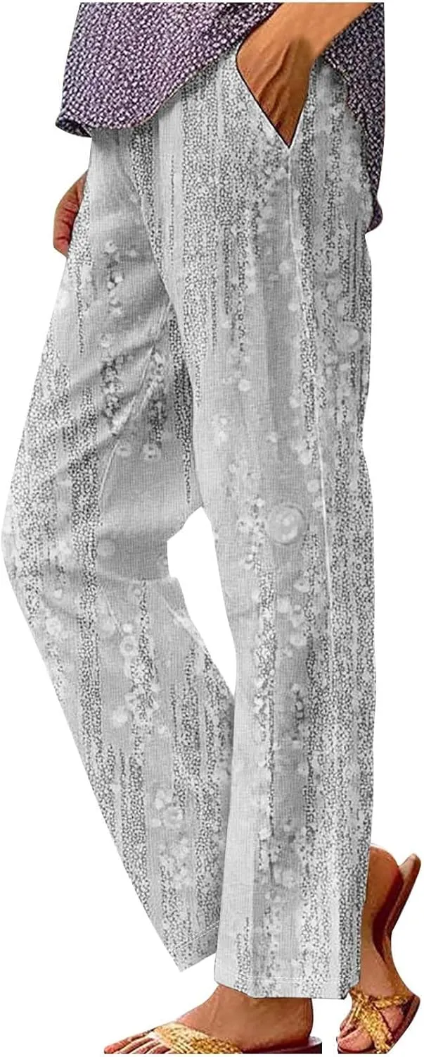 Womens Casual Pants Lightweight Summer Relax Fit Fashion Floral Print Elastic Waist Plus Size Lounge Long Trousers