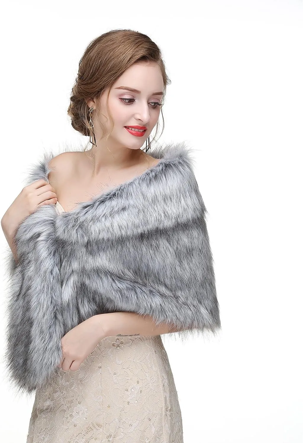 Women's Faux Fur Shawl Wrap Cape for Bridal Wedding Party Blue Artificial Wool