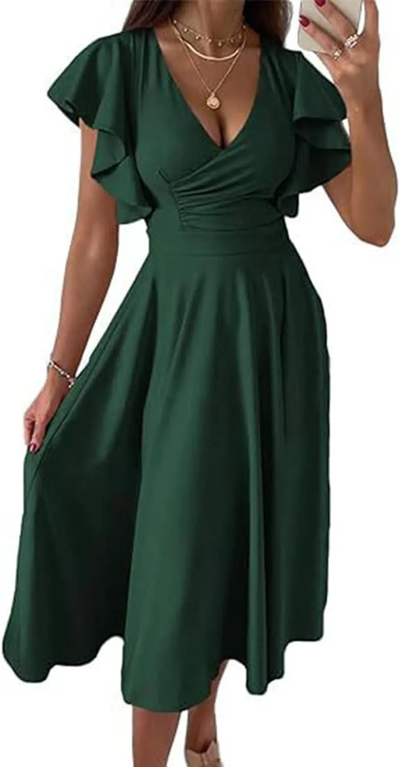 Women's Solid Color Ruffled Skirt Low V Neck Waist Slimming Sexy Dress Big House