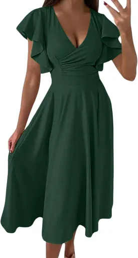 Women's Solid Color Ruffled Skirt Low V Neck Waist Slimming Sexy Dress Big House