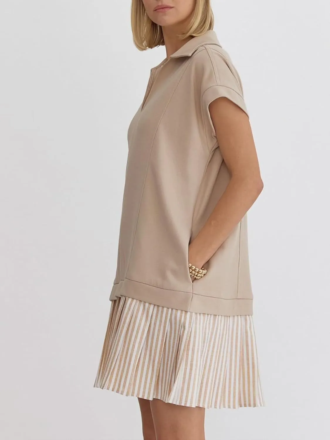 Women's V Neck Short Sleeve Summer Dress Patchwork Cap Sleeve Casual Loose Fit Pleated Striped Shirt Dress with Pockets