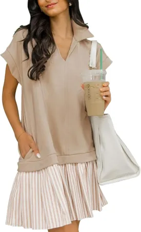 Women's V Neck Short Sleeve Summer Dress Patchwork Cap Sleeve Casual Loose Fit Pleated Striped Shirt Dress with Pockets