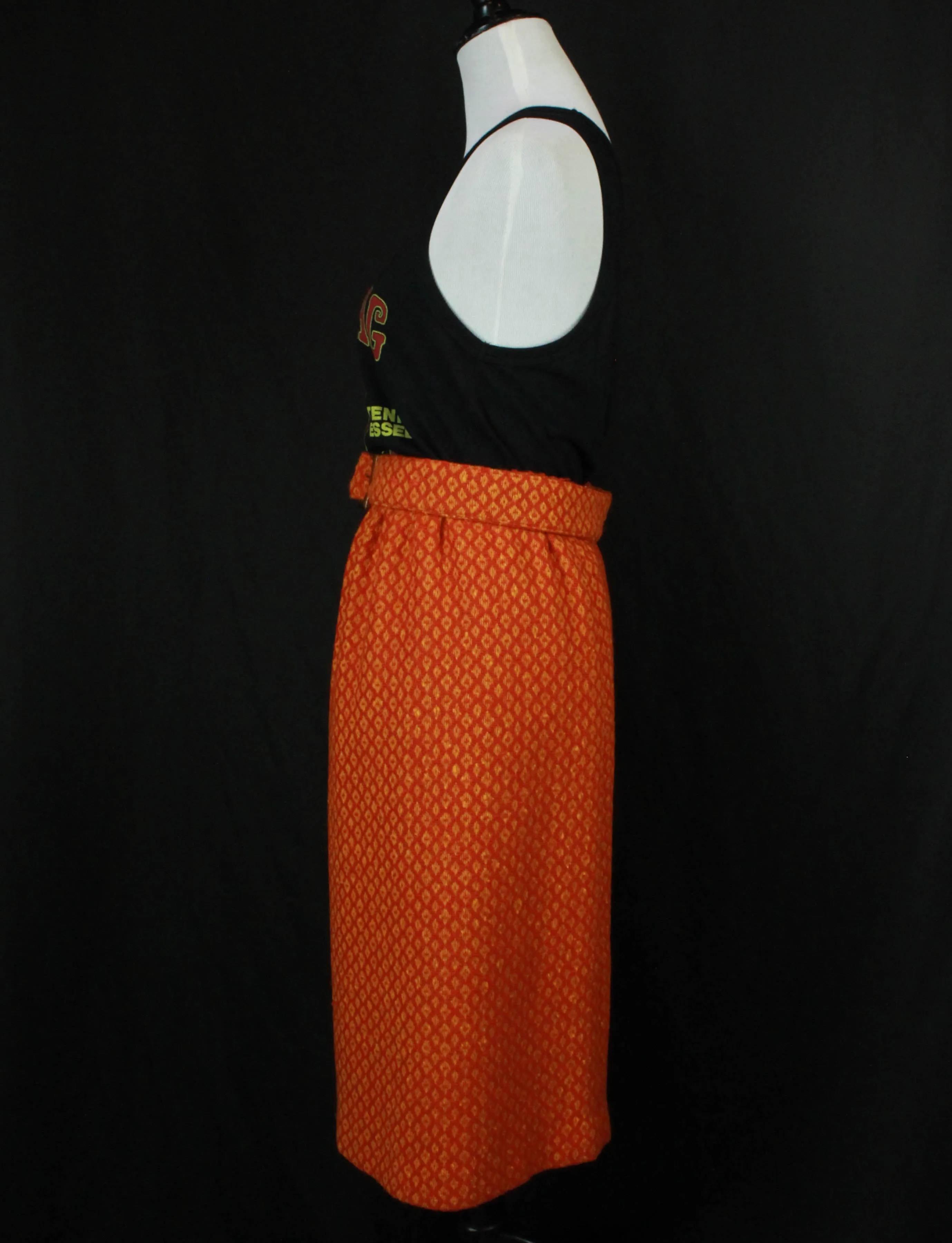 Women's Vintage 60's Orange Wool Belted Midi Skirt - Small