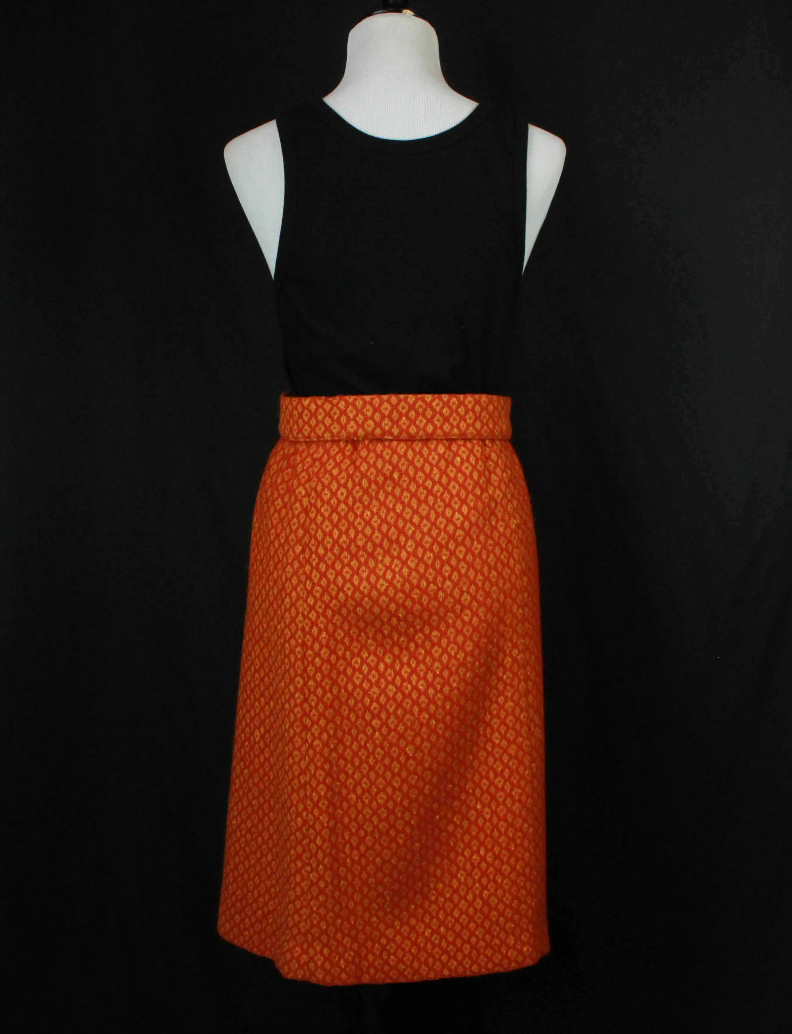 Women's Vintage 60's Orange Wool Belted Midi Skirt - Small