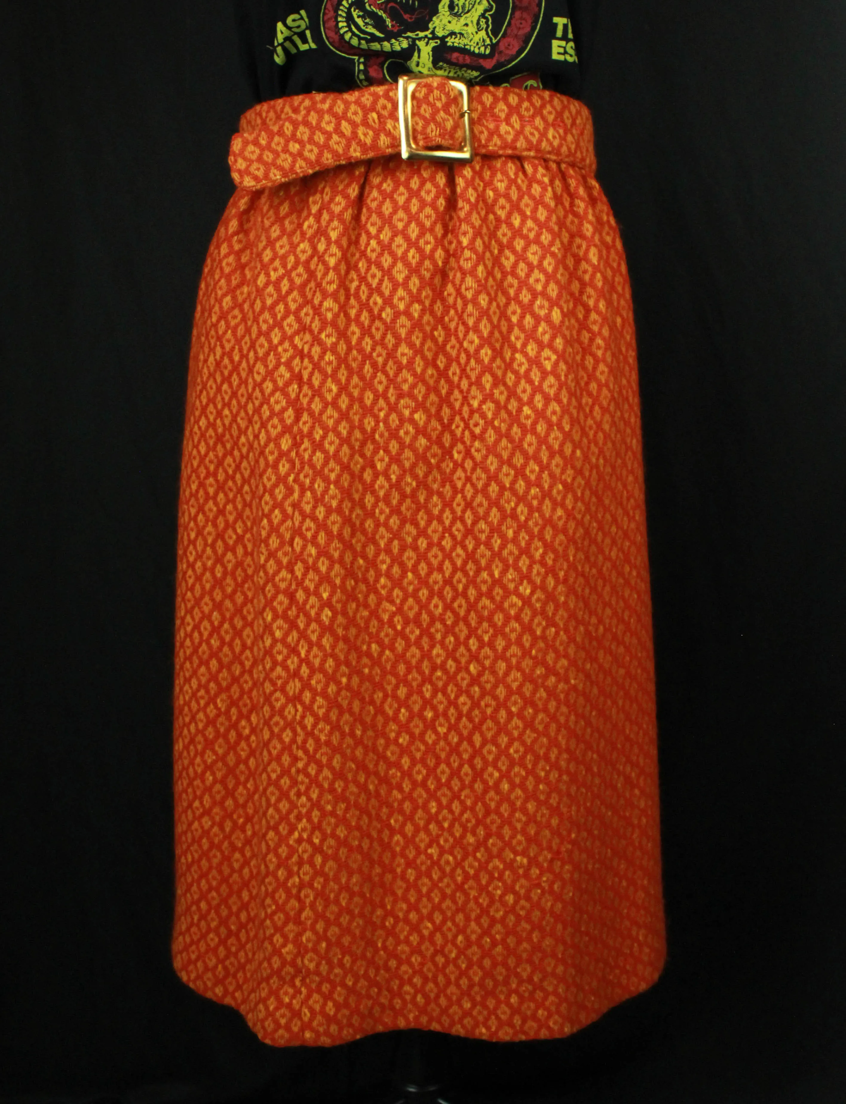 Women's Vintage 60's Orange Wool Belted Midi Skirt - Small