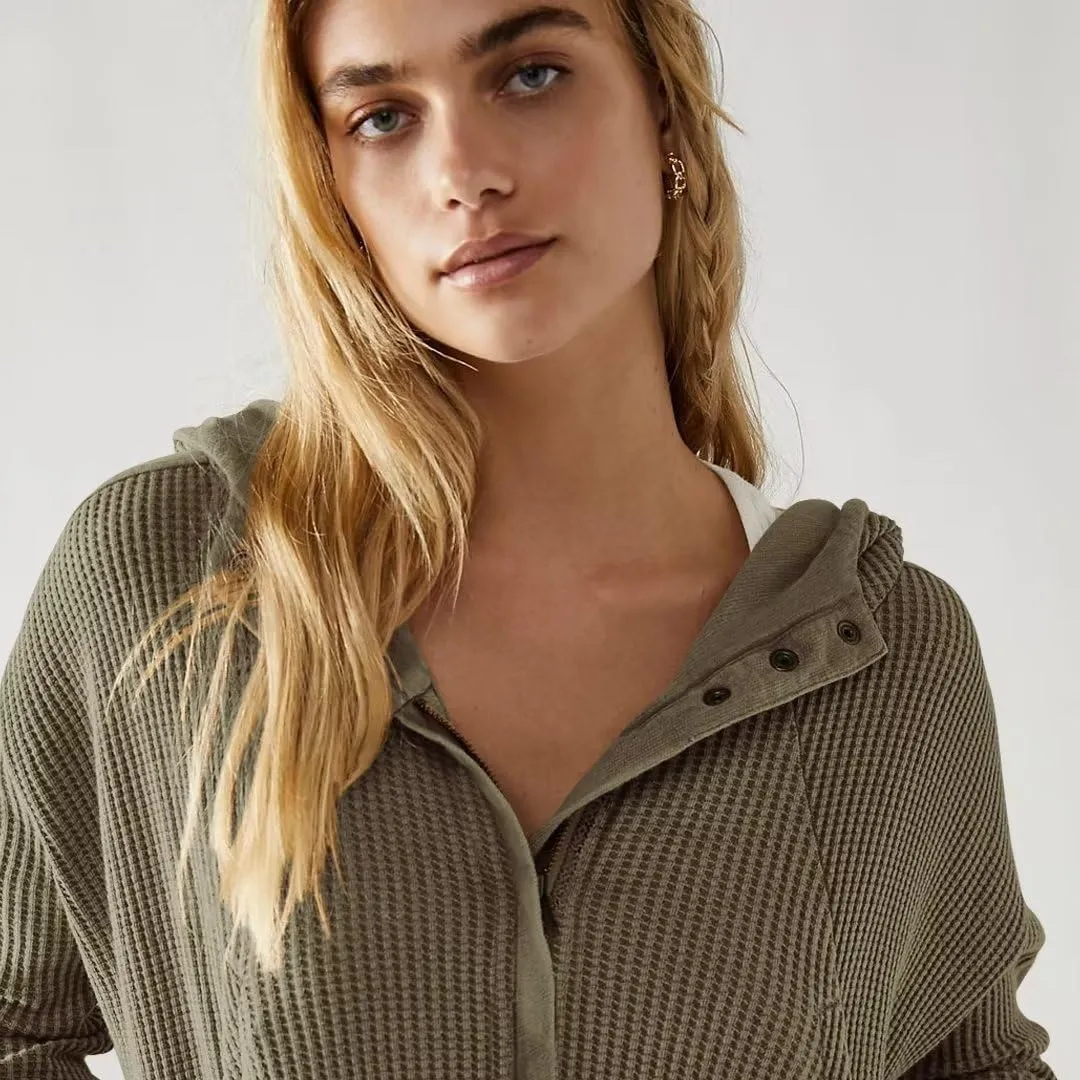 Womens Y2K Waffle Knit Hooded Sweater Thermal Sweatshirt Ribbed Cuffs Pockets Button Details Casual Outerwear