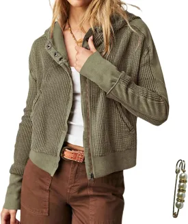 Womens Y2K Waffle Knit Hooded Sweater Thermal Sweatshirt Ribbed Cuffs Pockets Button Details Casual Outerwear