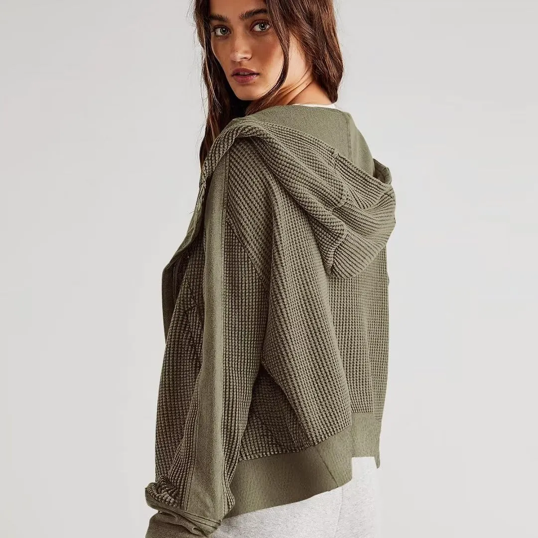 Womens Y2K Waffle Knit Hooded Sweater Thermal Sweatshirt Ribbed Cuffs Pockets Button Details Casual Outerwear