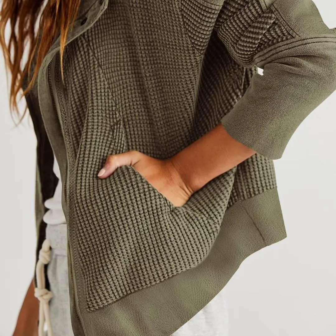 Womens Y2K Waffle Knit Hooded Sweater Thermal Sweatshirt Ribbed Cuffs Pockets Button Details Casual Outerwear
