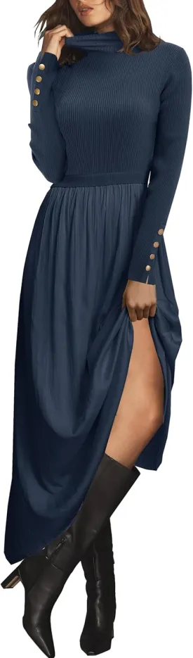 Womes Mock Turtleneck Long Sleeve Ribbed Knit Pullover Tops Fashion Long Maxi Dress