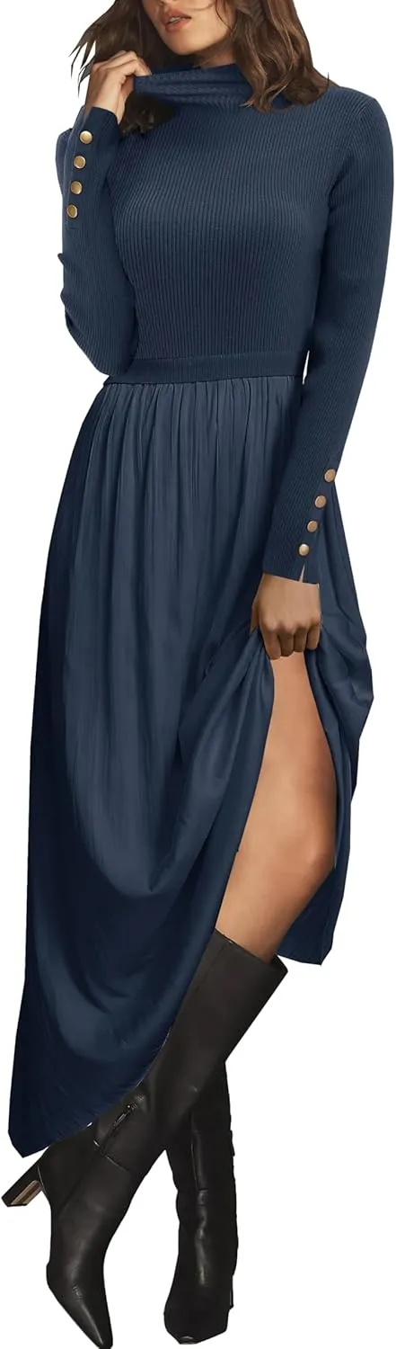 Womes Mock Turtleneck Long Sleeve Ribbed Knit Pullover Tops Fashion Long Maxi Dress