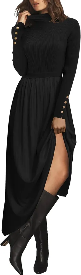 Womes Mock Turtleneck Long Sleeve Ribbed Knit Pullover Tops Fashion Long Maxi Dress