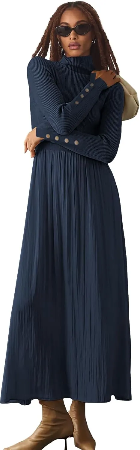 Womes Mock Turtleneck Long Sleeve Ribbed Knit Pullover Tops Fashion Long Maxi Dress