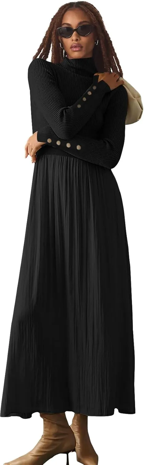 Womes Mock Turtleneck Long Sleeve Ribbed Knit Pullover Tops Fashion Long Maxi Dress