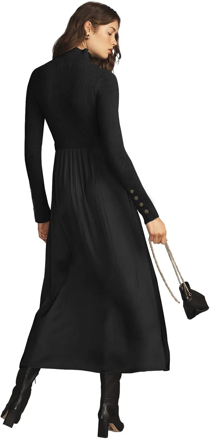 Womes Mock Turtleneck Long Sleeve Ribbed Knit Pullover Tops Fashion Long Maxi Dress