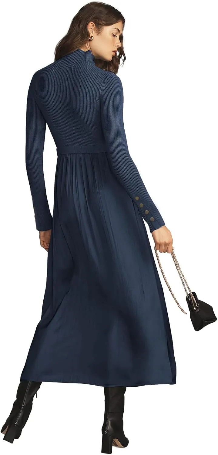 Womes Mock Turtleneck Long Sleeve Ribbed Knit Pullover Tops Fashion Long Maxi Dress
