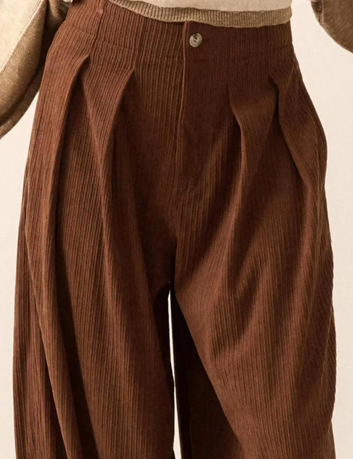 Yeokou Women Casual Wide Leg Pants Loose Fit Pleated Corduroy Elastic Waist Zip UP Trousers with Pockets